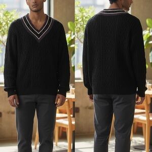 Claiborne Men's Black Cable Knit V-Neck Sweater with Contrast Trim size SMALL